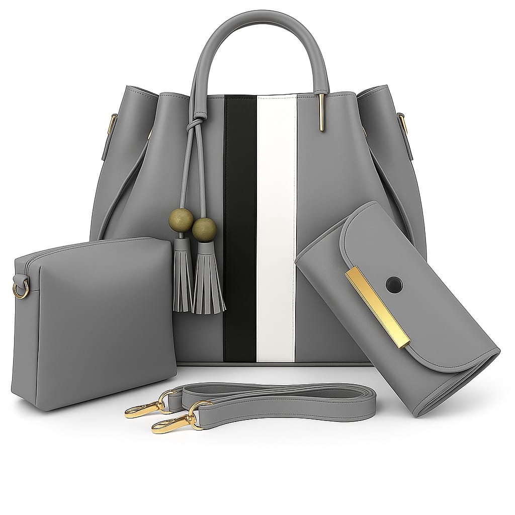 Premium 3-Piece Grey Handbag Set for Women – Stylish Shoulder Bag, Clutch & Crossbody Purse | Elegant Leather Design | COD Available All Over Pakistan