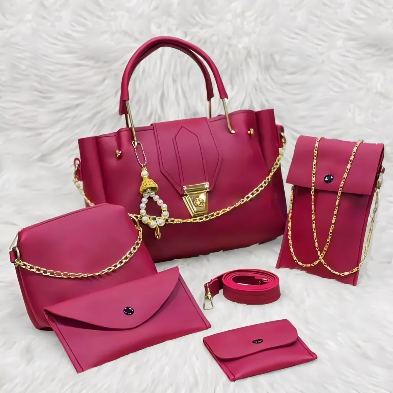 🔥 5 PCS Premium Leather Handbag Set for Women – Elegant, Stylish & Multi-Purpose | With Gold Chain Detailing  🔥